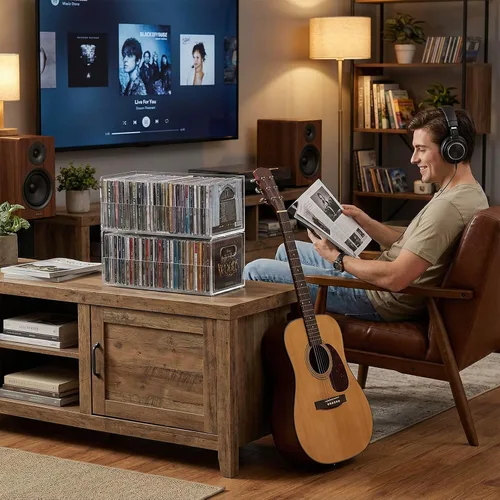 Vista 4 de MyGift Soporte rack moderno premium de CD apilable de acrílico transparente con asas de transporte recortadas, caja de exhibición para estuches