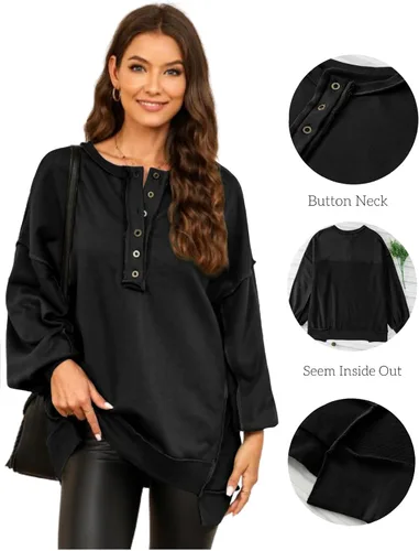 Vista 75 de AlvaQ - Sudadera de gran tamaño para mujer, informal, de manga larga, con botones y cuello Henley, tipo túnica