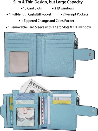 Vista 2 de AINIMOER - Cartera de piel con bloqueo RFID para mujer, tamaño pequeño, compacta, doble zíper, con ventana para identificación