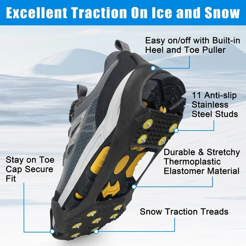 Vista 2 de Tacos de hielo, crampones de nieve, tracción para caminar para zapatos y botas, 11 tachuelas antideslizantes de goma de hielo para caminar, calzado