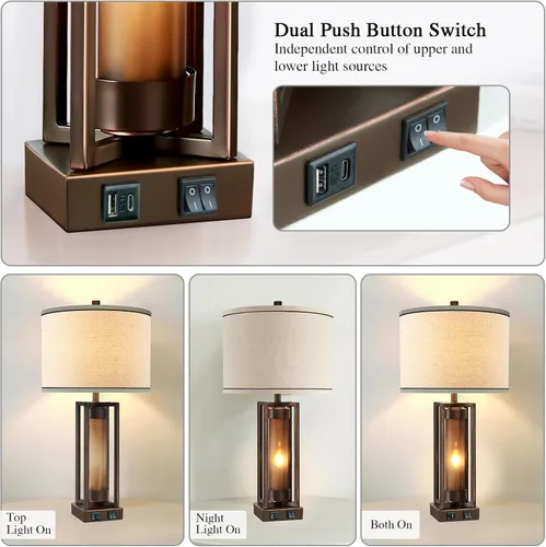 Vista 5 de Lámparas de mesa rústicas para sala de estar con puertos USB C+A, lámpara de mesita de noche vintage de granja con luz nocturna de acrílico ámbar