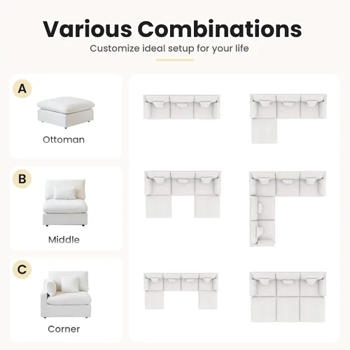 Vista 9 de WJShome Sofá modular modular para sala de estar, sofá en forma de U relleno de plumón de 160 pulgadas con otomana, modernos sofás convertibles de 6