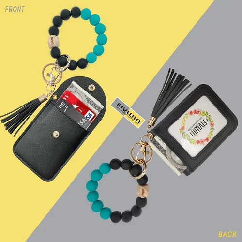 Vista 4 de FIVWIN Llavero de pulsera para mujer, pulsera de silicona con cuentas de automóvil, llavero con borla, tarjetero