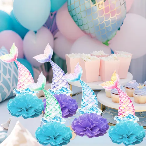Vista 9 de Centros de mesa con temática de cola de sirena, centros de mesa de fiesta de cumpleaños de sirena, 12 piezas para decoración de mesa