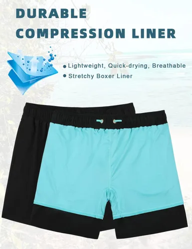 Vista 2 de unitop Men's Swim Trunks with Compression Liner Quick Dry Bathing Suit Summer Beach Shorts with Pockets