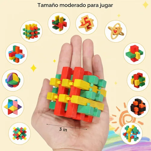 Vista 4 de Syhood Juego de 12 piezas de rompecabezas de madera para el cerebro 3D IQ Challenge Toy Games Logic Mind Smart Puzzle Box Lock Toy Brain Teaser