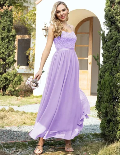 Vista 3 de DRESSTELLS Vestidos largos formales para mujer vestidos de dama de honor de gasa vestidos formales largos con tirantes delgados y vestidos de noche
