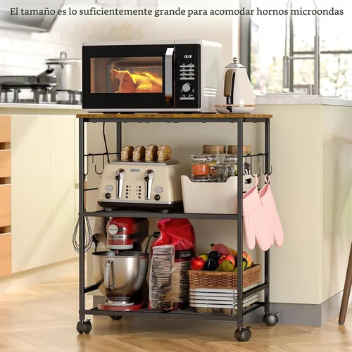 Vista 3 de ThreeHio Carrito de microondas de cocina rodante, soporte de mesa de microondas de 3 niveles con almacenamiento, carrito de cocina con ruedas