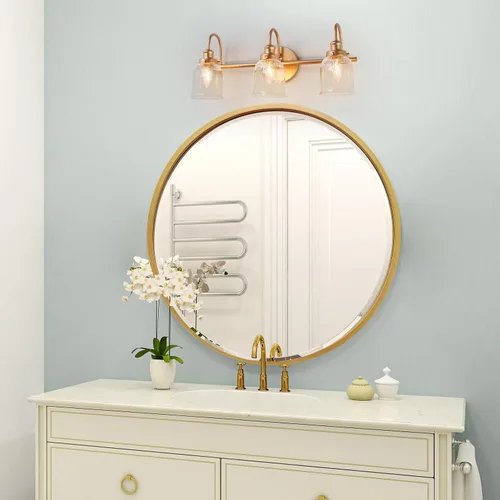 Vista 5 de Lámpara de tocador dorada, moderna lámpara de baño sobre espejo, iluminación de tocador de 3 luces con pantalla de vidrio sembrado