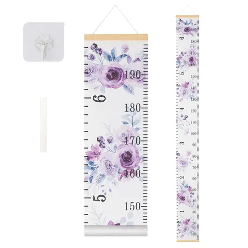 Vista 9 de Tabla de crecimiento de lona para niños para pared, rastreador de medición de altura floral para bebé niña, regla colgante con gancho extraíble