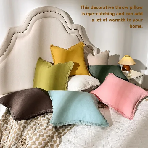 Vista 3 de Paquete de 2 fundas de almohada de lino con borlas con flecos decorativas rústicas naturales para cojín de sofá, sofá, dormitorio 16 x 16 pulgadas