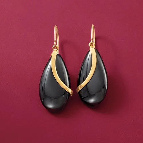 Vista 3 de Ross-Simons Aretes colgantes de ónix negro en forma de pera en oro amarillo de 14 quilates