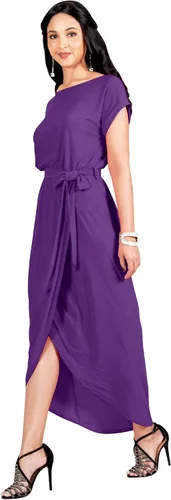 Vista 4 de KOH KOH Maxivestido asimétrico de manga corta para mujer, cuello redondo, con drapeado liso