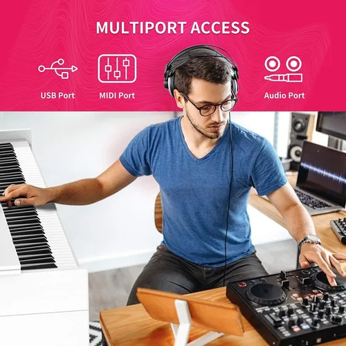 Vista 4 de Ajuste de piano digital con peso de 88 teclas, piano vertical eléctrico de 3 pedales, pantalla LCD, adaptador multifuncional de tamaño completo