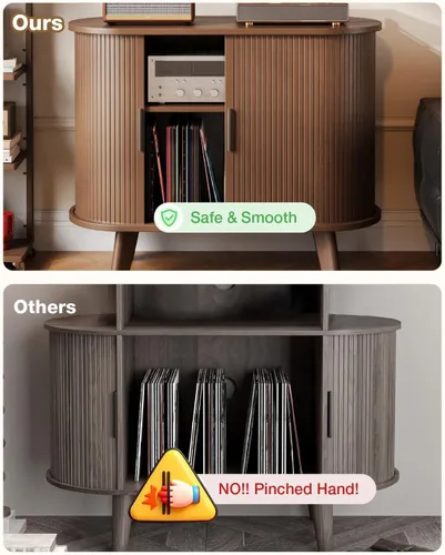 Vista 4 de Soporte para tocadiscos, mueble moderno de mediados de siglo con puertas correderas, gabinete de estantería de audio-video, soporte de medios
