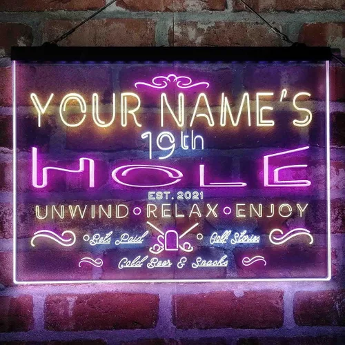 Vista 18 de Personalized 19th Hole Golf Club Tri-Color LED Neon Light Sign Customize Name Date Text Quote Font Green & Red & Yellow 13 x 8.7 Inches