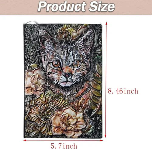 Vista 2 de Diario de cuero con tapa de gato artístico, cuaderno en relieve 3D, diario de tapa dura rayado A5 vintage de 200 páginas, regalo retro ideal