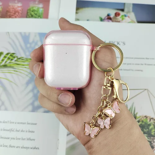 Vista 6 de Funda compatible con AirPods, funda de TPU suave para AirPods de 2 y 1 generación con bonito llavero de mariposa para niñas y mujeres