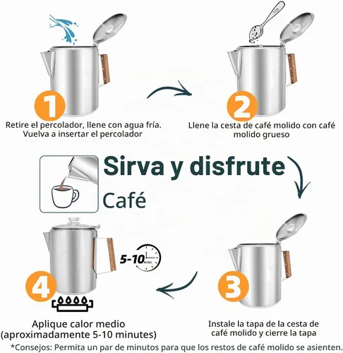 Vista 5 de MEREZA Cafetera de camping para estufa, cafetera, percolador, fogata, cafetera de acero inoxidable, cafetera para acampar al aire libre, hogar, 9
