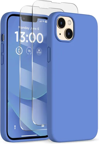 Vista 9 de Funda delgada para iPhone 13 de 6.1 pulgadas, silicona líquida a prueba de golpes, con forro de microfibra suave antiarañazos, 2 protectores