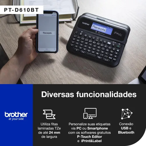 Vista 4 de Brother P-touch PT-D610BT Etiquetadora Profesional Conectada para Negocios Conecta y Crea a través de Bluetooth® en Cintas de Etiqueta TZe
