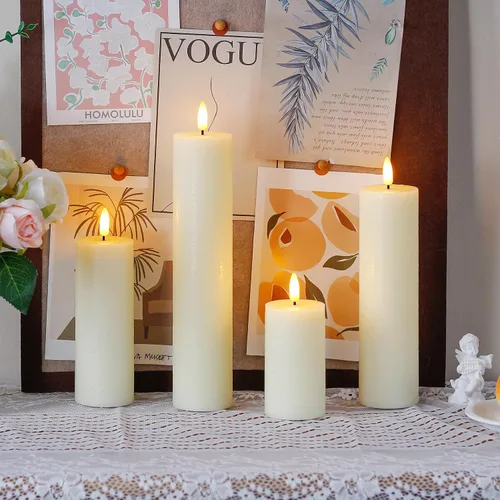 Vista 2 de Velas de pilar sin llama parpadeantes con control remoto y temporizador de ciclo, marfil, paquete de 4 operadas por batería (alimentadas por 2AA)