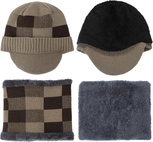 Vista 2 de HH HOFNEN Conjunto de bufanda de invierno para hombres y mujeres, visera de punto, cálido, grueso, forro polar, calentador de cuello para exteriores
