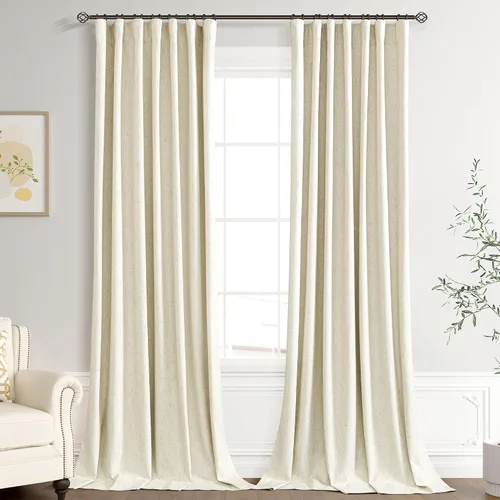 Vista 17 de Joywell - 2 cortinas de lino 100% opacas, con bolsillo para cortinero, trabilla trasera, cinta para ganchos y anillas con clip, con aislamiento