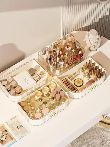 Vista 8 de Organizador de maquillaje giratorio de 360° con cajón, exhibición de almacenamiento de cosméticos de acrílico transparente, contador de belleza