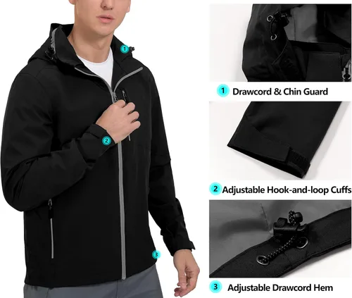 Vista 5 de Little Donkey Andy Chaqueta impermeable para hombre, transpirable, rompevientos para exteriores, con capucha desmontable