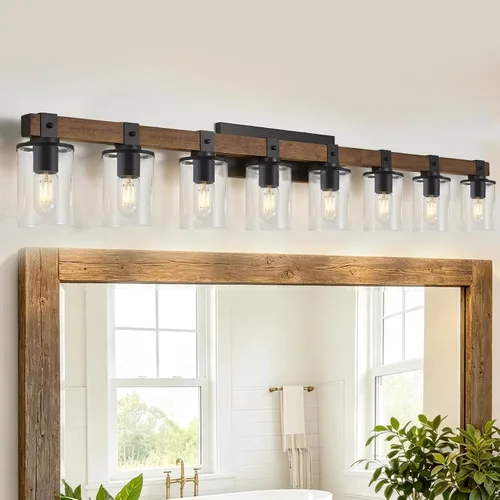 Vista 11 de DUJAHMLAND Lámpara de tocador de granja, lámpara de pared de madera de baño de 3 luces sobre espejo con pantalla de vidrio transparente, iluminación