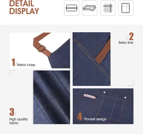 Vista 3 de KPD Delantal de mezclilla con bolsillos, ajustable azul para cocina, barbacoa y jardín, delantal de trabajo para hombres y mujeres