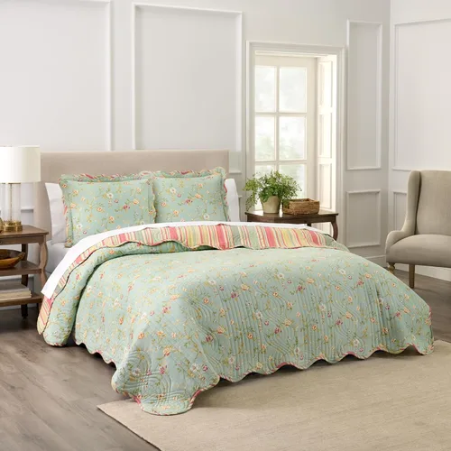 Vista 53 de Waverly Forever Peony - Juego de edredón de 4 piezas, 100% algodón, estampado floral de bayas, tamaño matrimonial/queen, con 2 fundas de almohada