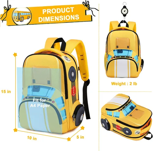 Vista 6 de LEDAOU Mochila escolar para niños y niñas con correa para el pecho, Autobús Amarillo, Mochilas Daypack