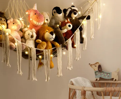 Vista 3 de RelaxScene Hamaca esquinera de animales de peluche con luz LED, hamaca de almacenamiento de juguetes, red de peluche grande, organizador colgante