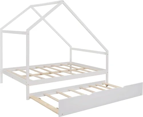 Vista 7 de Cama de casa de tamaño matrimonial con cama nido de tamaño individual, marco de sofá cama de madera maciza con techo, se puede decorar, marco