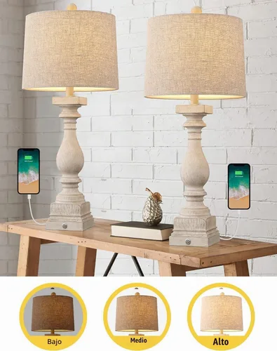 Vista 5 de BOBOMOMO Juego de 2 lámparas de mesa Farmhouse de 68,58 cm con control táctil de 3 vías regulable con puertos de carga USB A y USB C para mesita