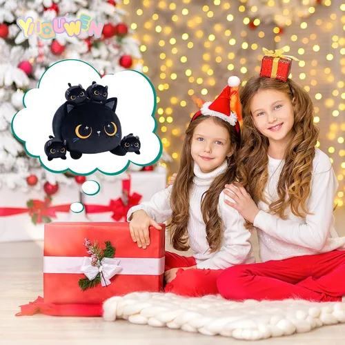 Vista 4 de Gato Negro de Peluche Lindo Gato de Peluche Suave con 4 Almohadas Navideñas, de Acción de Gracias, Cumpleaños para Niñas, Niños, Niños Decoración