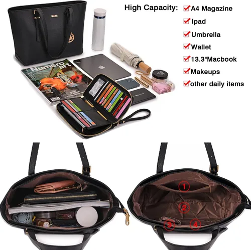 Vista 6 de Monederos para mujer, conjuntos de cartera, bolsas de hombro, asa superior, bolsa de trabajo, con cartera a juego, 3 piezas