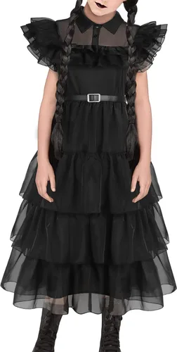 Vista 3 de Beita Wednesday Addams - Disfraz de niña para niños, disfraz de la familia Addams, vestido de fiesta para Halloween