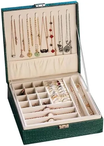 Vista 3 de Organizador de joyero caja de almacenamiento grande de 2 capas caja de joyería de cuero sintético para mujeres para almacenar anillos aretes
