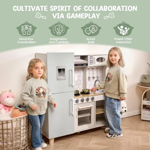 Vista 7 de Play Kitchen - Juego de cocina de juguete de madera para niños con luces y sonidos simulados, cocina de madera Montessori con fregadero, estufa