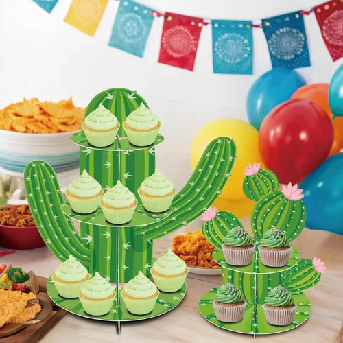 Vista 5 de 2 soportes para cupcakes de cactus, forma de cactus verde, decoración de fiesta mexicana para Cielito Lindo Three Esta cumpleaños, suministros