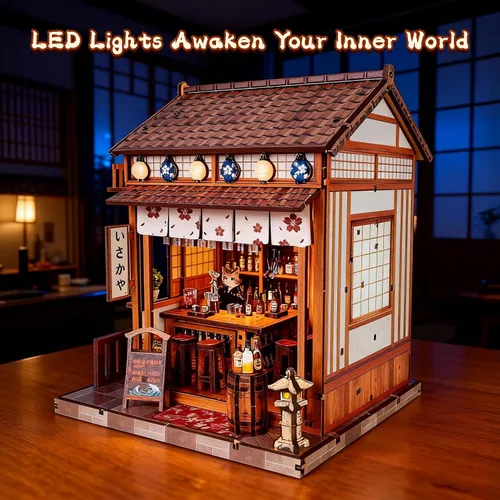 Vista 3 de Kit de rincón de libros para adultos, kit de casa de muñecas Sakura japonesa, kit de casa en miniatura con luz LED, mini kit de construcción