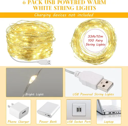 Vista 2 de Macarrie 6 piezas de luces de cadena USB de 33 pies con 100 LED, luces de hadas alimentadas por USB para decoración de Navidad, interior, exterior