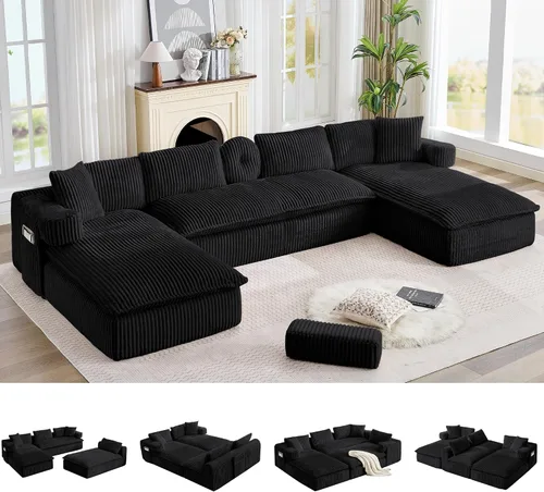 Vista 15 de Sofá grande sin hueso de 125 pulgadas con diván, moderno sofá modular con asiento profundo, sofá tapizado de pana en forma de U para sala de estar