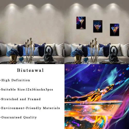 Vista 6 de Biuteawal - 3 piezas de arte de pared colorido vino espumoso, pintura sobre lienzo, bebidas de vino, impresión artística para decoración de fiestas