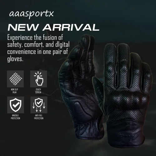Vista 2 de Guantes de motocicleta para hombres y mujeres, dedo completo, color negro, perforado, de cuero, para pantalla táctil, guantes de motocicleta