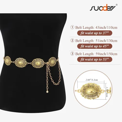 Vista 6 de SUOSDEY Cinturón de cadena de cintura de metal para mujer, cinturón de vaquero occidental para vestido de jeans