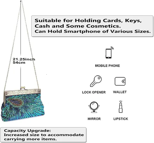 Vista 3 de Bolso de noche grande con cuentas y lentejuelas, estilo vintage, bolso de mano para fiesta de boda, bolso de mano para mujer (azul pavo real), Azul